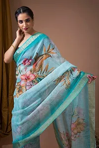 FLOURIOUS Fancy Women's Linen Siquence Printed Design Saree With Unstitched Blouse piece (Aqua)-thumb3