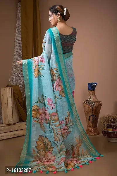 FLOURIOUS Fancy Women's Linen Siquence Printed Design Saree With Unstitched Blouse piece (Aqua)-thumb3