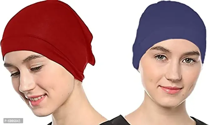 Women's Tube Hijab Bonnet Cap Under Scarf Pullover Combo 2 Piece (Maroon and Navy Blue)