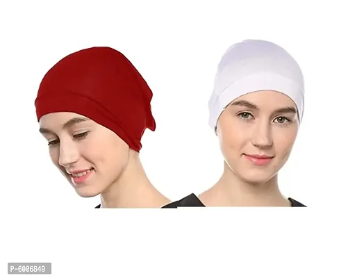 Women's Tube Hijab Bonnet Cap Under Scarf Pullover Combo 2 Piece (White and Maroon)