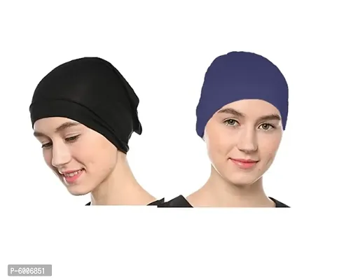 Women's Tube Hijab Bonnet Cap Under Scarf Pullover Combo 2 Piece (Black and Navy Blue)-thumb0
