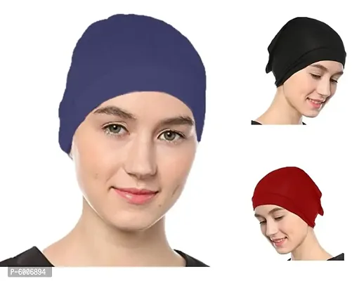 Women's Tube Hijab Bonnet Cap Under Scarf Pullover Combo 3 Piece (Maroon Black and Navy Blue)-thumb0