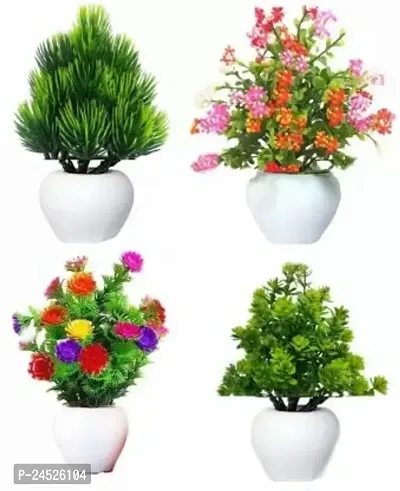 Bonsai Wild Artificial Plant With Pot (15 Cm, Multicolor) Set Of 4-thumb0