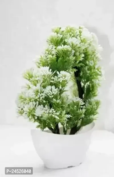 Artificial Plant For Home Decoration Pair Set Of 1 Small Table Plant For Office ,Balcony ,Dining Table.White And Green Colour Flower Combo. White, Green Wild Flower Artificial Flower With Pot (12 Inch, Pack Of 1, Flower With Basket)