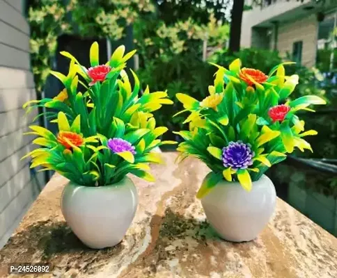 Multicolor Daisy Artificial Flower With Pot (7 Inch, Pack Of 2, Flower With Basket)