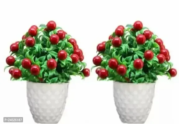 Artificial Flower For Home Decoration Red Cherry Blosooms For Home ,Office, Balcony, Living Rooms ,And Garden Decorating. Midiam Size Plant With White Plastic Pot. Red Cherry Blossom Artificial Flower With Pot (6 Inch, Pack Of 2, Flower With Basket)-thumb0