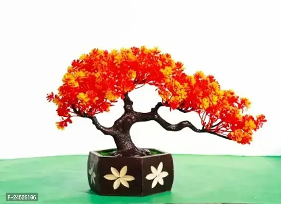 Artificial Flower Plants For Home Decor And Office In Orange Colour With Wood Pot. It Is Look Like A Origenal Tree. Bonsai Artificial Plant With Pot (20 Cm, Orange)