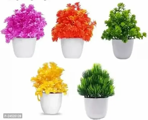 Artificial Plant For Home Decoration Set Of 5 Small Table Plant Bonsai Wild Artificial Plant With Pot (15 Cm, Multicolor)