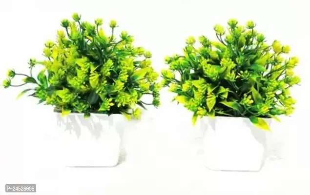 Green Wild Flower Artificial Flower With Pot (6 Inch, Pack Of 2, Flower With Basket)