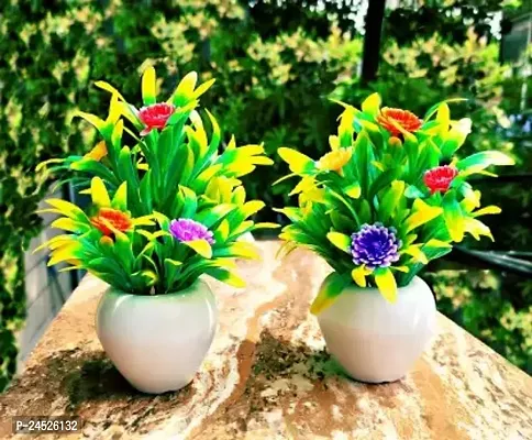 Set Of 2 Artificial Flowers For Home Decoration Bonsai Artificial Plant With Pot (15 Cm, Multicolor)-thumb0