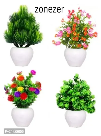 Zonezer Small Size set of 4 artificial plant for home and office decoration Bonsai Wild Artificial Plant with Pot  (16 cm, Multicolor)