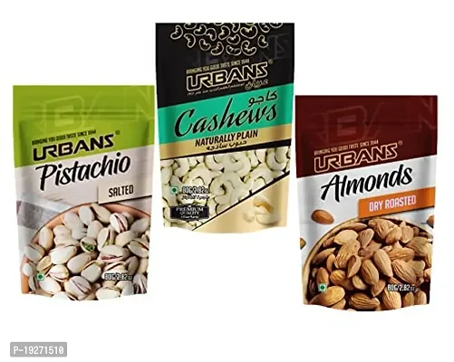 URBANS Natural Plain Cashew + Dry Roasted and Salted Almond + Salted Pista Combo Pack of 3Pcs Dry Fruits Nut Snacks (80g Each)