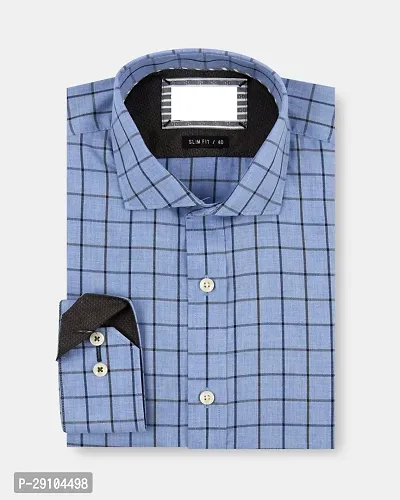 Stylish Cotton Blend Checked Blue Long Sleeves Shirt For Men