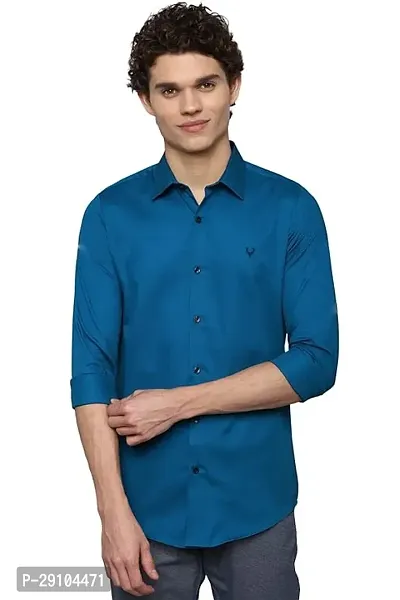 Stylish Cotton Blend Solid Blue Long Sleeves Shirt For Men