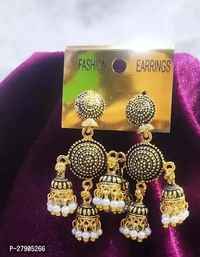 Golden Alloy Pearl Jhumkas Earrings For Women