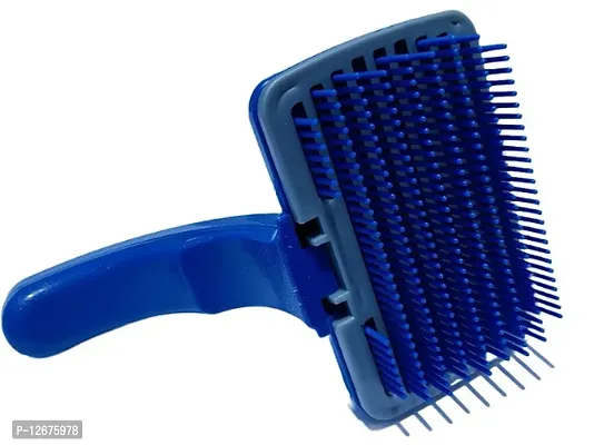 Plastic Fur Grooming Slicker, Dematting, Detangaling And Deshedding Brush With Retractable Base For Self Cleaning,Long Coat Dogs Rabbits And Cats,Blue Angled Handle Dog Brush-thumb3