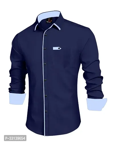 Stylish Blue Cotton Blend Regular Fit Long Sleeves Casual Shirt For Men-thumb0