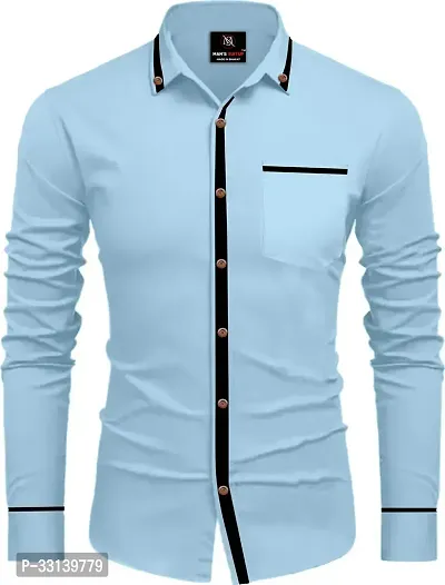 Stylish Blue Cotton Blend Regular Fit Long Sleeves Casual Shirt For Men-thumb0