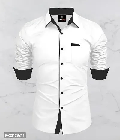 Stylish White Cotton Blend Regular Fit Long Sleeves Casual Shirt For Men-thumb0