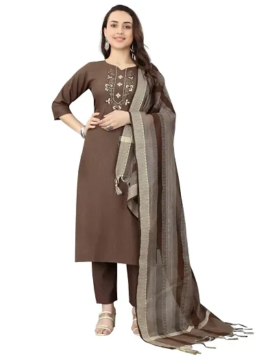 Stylish Cotton Blend A-Line Embroidered Kurta with Bottom and Dupatta
