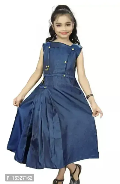 Fabulous Blue Crepe Solid Fit And Flare Dress For Girls