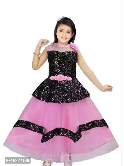 Fabulous Pink Crepe Embellished Fit And Flare Dress For Girls-thumb0