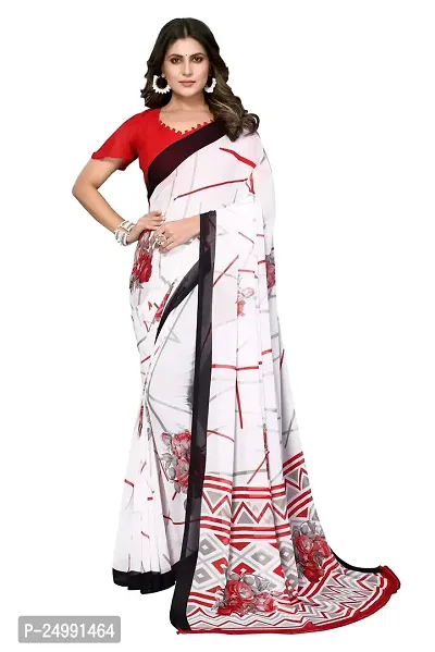 MAGMINA Floral Print Geometric Print Bollywood Georgette Saree??(White  Red)