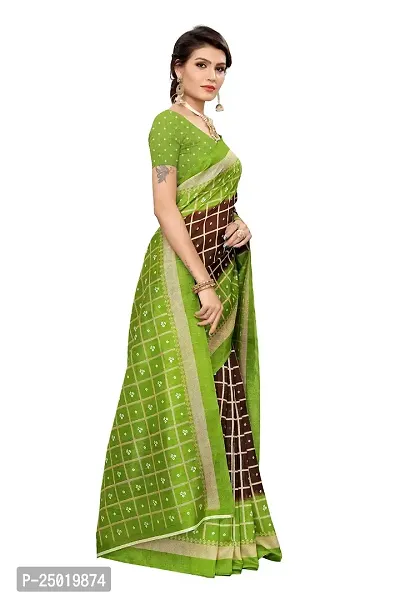 Magmina Printed, Geometric Print, Checkered Bandhani Cotton Silk Saree (Green, Brown)-thumb3