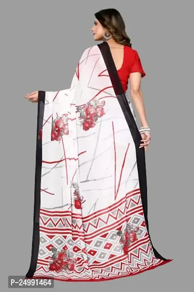 MAGMINA Floral Print Geometric Print Bollywood Georgette Saree??(White  Red)-thumb3