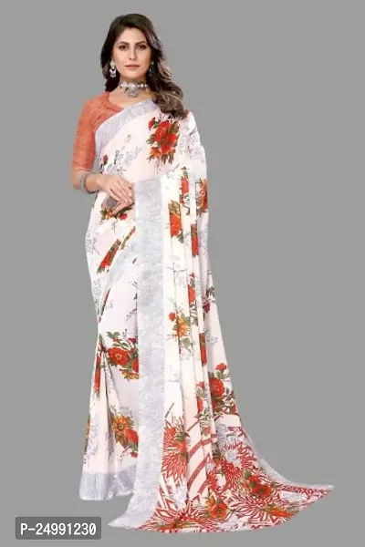 MAGMINA Floral Print Geometric Print Bollywood Georgette Saree??(Orange)-thumb2