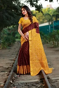 Magmina Printed, Geometric Print, Checkered Bandhani Cotton Silk Saree (Maroon, Yellow)-thumb4