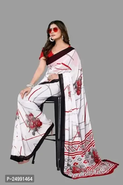 MAGMINA Floral Print Geometric Print Bollywood Georgette Saree??(White  Red)-thumb5