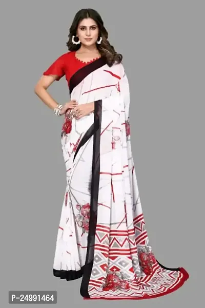 MAGMINA Floral Print Geometric Print Bollywood Georgette Saree??(White  Red)-thumb2