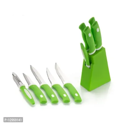Puchku Stainless Steel Knife Set With Stand 5pc Set- Green-thumb0