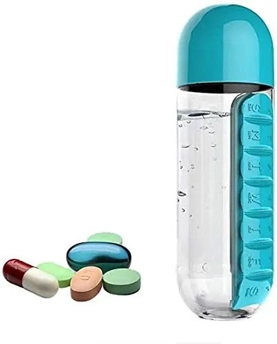 ANGEL'S 2 in 1 Plastic Water Bottle with Weekly Pill Organizer with Drinking Cup - Portable Kit (Assorted Colour)