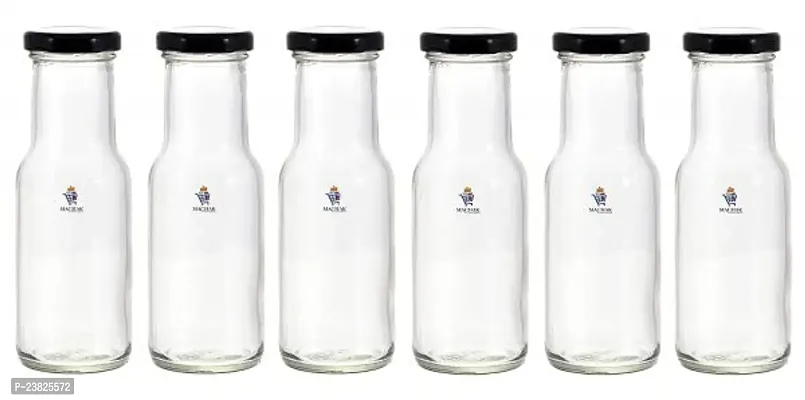 200 ml Glass Bottles for Milk, Juice with Rust Proof  Airtight Black Cap (6 Pieces)