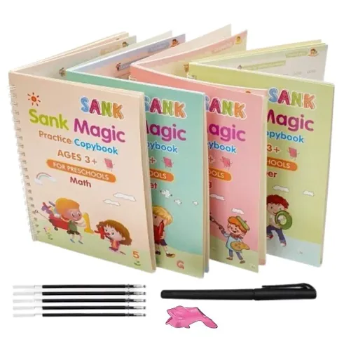 Sank Magic Practice Copybook, Number Tracing Book for Preschoolers with Pen, Magic Calligraphy Copybook Set Practical Reusable Writing Tool Simple Hand Lettering (4 Book + 5 Refill+ 1 Pen + 1 Grip)