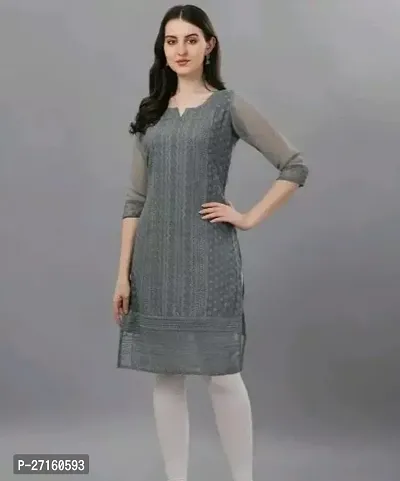 Attractive Grey Solid Georgette Straight Kurta-thumb0