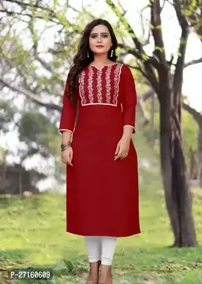 Attractive Red Embroidered Cotton A-Line Kurta