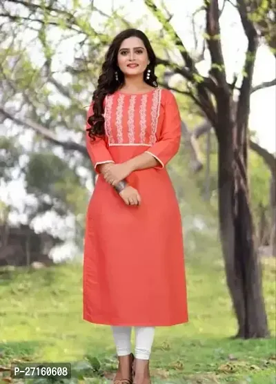 Attractive Orange Embroidered Cotton A-Line Kurta-thumb0