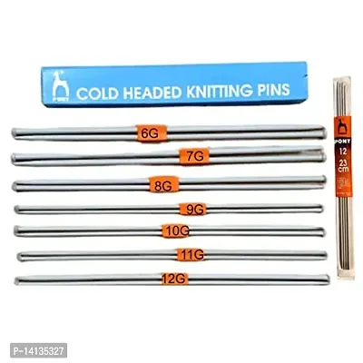PONY Single Point Round Knob Aluminium Cold Headed Knitting Pins/Knitting Needles (Grey, Size No. 6Gto 12G, Length 25cm) Along with Neck Needles Set of 4 (Size No. 12)