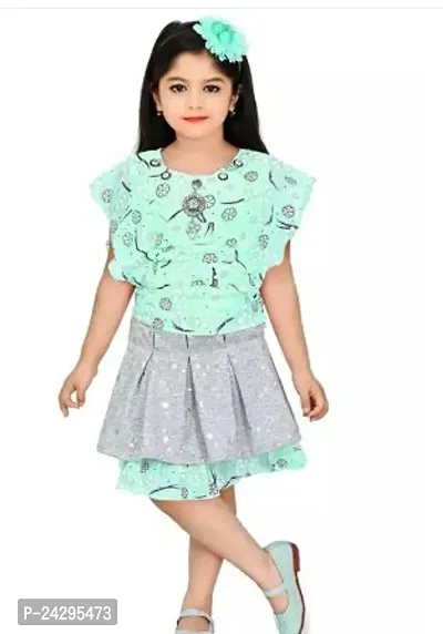 Fabulous Turquoise Cotton Blend Printed Fit And Flare Dress For Girls-thumb0