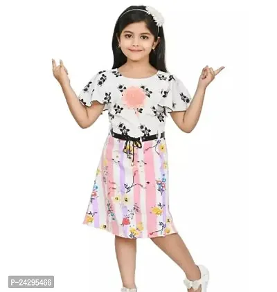 Fabulous White Cotton Blend Printed Fit And Flare Dress For Girls