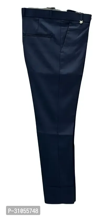 Stylish Navy Blue Polyester Blend Solid Formal Trousers For Men