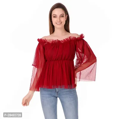 Manik Trading Beautiful Women's NET Off Shoulder Stylish TOP for Girls and Women's (Large, Maroon)-thumb0