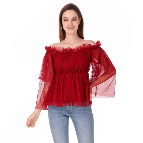 Manik Trading Beautiful Women's NET Off Shoulder Stylish TOP for Girls and Women's (Large, Maroon)