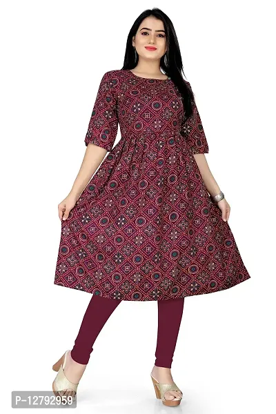 Blue Collection Women's Floral Satin Modern Cotton Regular Woven Round Neck 3/4 Sleeve Pull On Fantasy Solid Sun Protection Kurta (Maroon R_T_F_572 Size :- X-Large