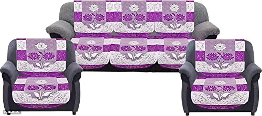 Dakshya Industries Flower Cotton 6 Piece 5 Seater Sofa Cover (Purple)-thumb0