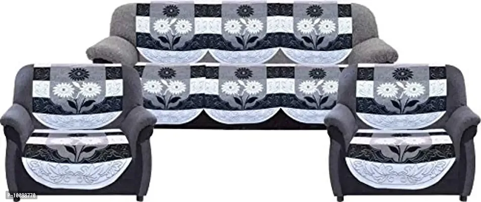 Dakshya Industries Flower Cotton 6 Piece 5 Seater Sofa Cover (Black)-thumb0