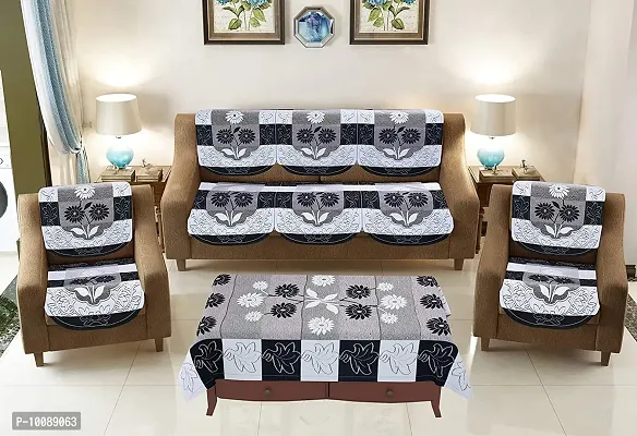 Dakshya Industries Floral Cotton 7 Piece 5 Seater Sofa Cover with Center Table Cover - Black